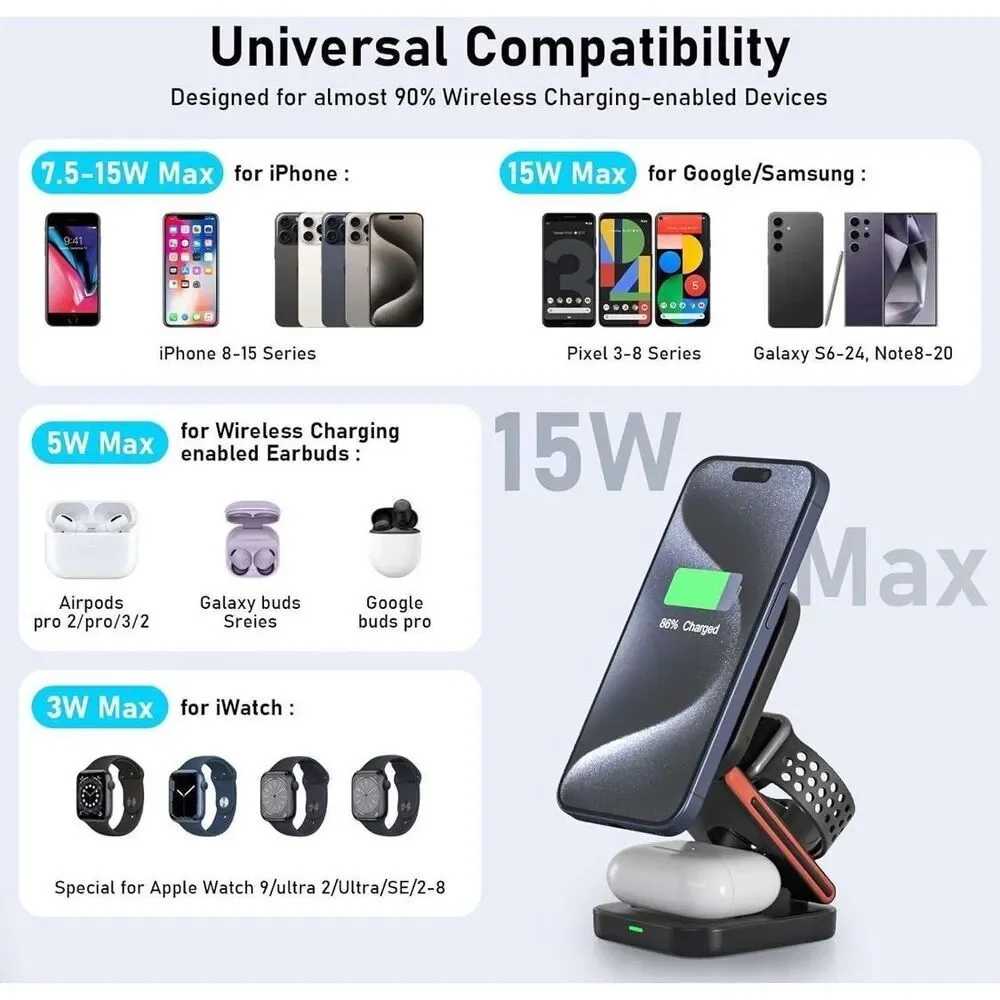 Foldable 3-in-1 Magnetic Wireless Charging Station‎ Black With Carrying Case